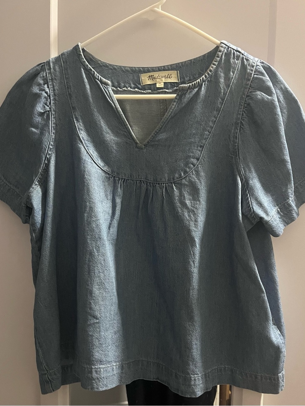 Madewell Slate Blue Denim Short Puff-Sleeve Peasant Top